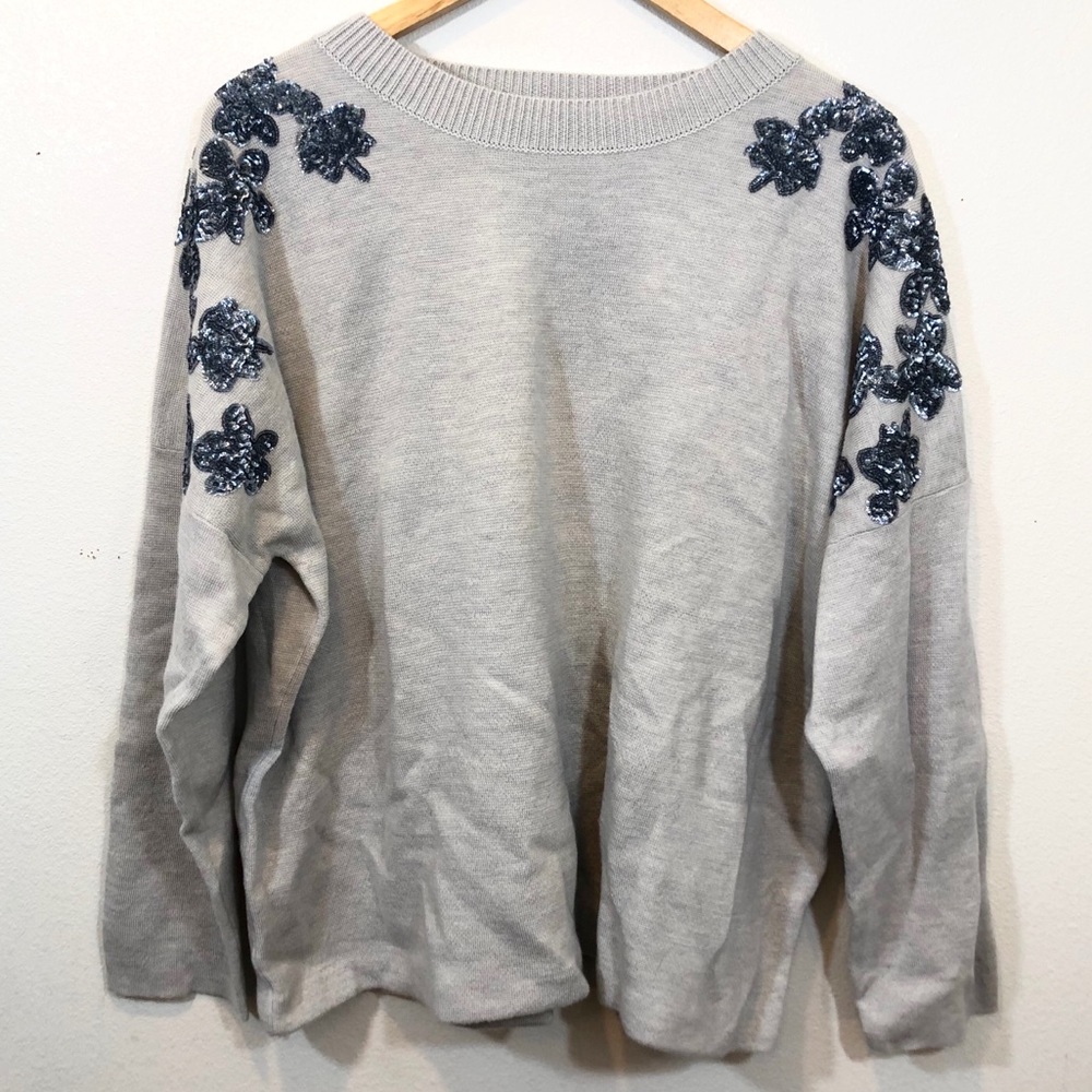 J Crew Blue Gray Sweater Blue Sequin Flowers Crew